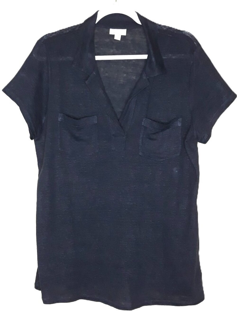 J. Jill Love Linen Johnny Collar Polo Top Medium Tall Navy Blue